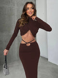 Black Friday Dodobye Fall New Skirts Suit Solid Color Long Sleeve Crop Top Twist Ruched Slim Lace Up Sexy Navel Exposed Skirt Matching Sets