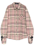 Dodobye Pink Plaid Shirt Women Cross Button Up Blouses Female High Street Long Sleeve Tops Hippie Autumn Oversize Streetwear Ins