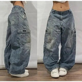 Dodobye Streetwear New Harajuku Retro Straight High Waist Casual Jeans Y2K Fashion Washed Blue Pocket Baggy Jeans Gothic Wide Pants