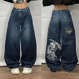 Dodobye Y2K Baggy Jeans Streetwear Womens Hip Hop Skull Graphic Jeans Black Pants New Harajuku Gothic High Waisted Wide Leg Trousers