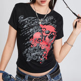 Dodobye Japanese Cyber 90s Vintage Crop Top Y2K Grunge Emo Women T-shirt Gothic Skulls Graphic Short Sleeve Tees Harajuku Clothes