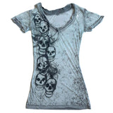 Dodobye Graphic Tie Dye V Neck Crop Tops Y2K E-girl Gothic Grunge Skull Print Tshirt 2000s Retro Emo Short Sleeve Slim Fit Tees Clothes