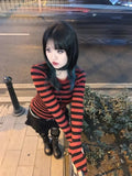 Dodobye Red Striped Pullovers Gothic Y2k Clothes Emo Girls Long Sleeve Asymmetrical Harajuku Slim Kawaii Retro Pull Femme Sweaters Chic