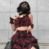 Ladies Gothic Directional Design New Two Piece Dark Plaid Suspender Lace Tie Pleated Skirt Set