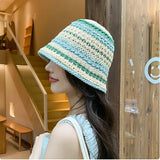 Dodobye Handmade Crochet Striped Bucket Hat For Women Hollow Knitted Cotton Panama Lovely Rainbow Fisherman Hats Summer Holiday Sun Caps