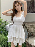 Dodobye Y2K Irreguar Cake Dress White Short Dresses for Women Sleeveless Ruffles A-line Korean Fashion Casual Summer Mini Vestidos Mujer