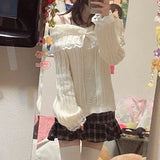 Dodobye Kawaii Lace Trim Off Shoulder Pullovers Pretty Cute Outfits Harajuku Cosplay Sweater Y2K Aesthetic Vintage Long Sleeve Jumpers