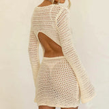 Dodobye Sexy Backless Knitted Dress Women Crochet Hollow Out Mini Dresses Summer Beach Boho Long Sleeve See Throug Bikini Cover-up