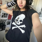 Dodobye Skeleton Print Black Crop Top 90s Vintage Harajuku Grunge Summer T-shirt Dark Academia Emo Alt Tees Women Streetwear