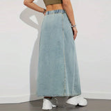 Dodobye Drawstring Long Denim Skirts Vintage Women Autumn y2k Aesthetic Solid Low Waist A-line Slim Korean Jean Midi Skirts Streetwear