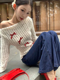 Dodobye Bow Off Shoulder White Knitted Sweater for Women 2024 Early Autumn New Bottoming Tops Mujer Y2k Long Sleeved Pullovers T Shirts