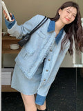 Dodobye-2-Piece Set for Women Half Skirts Sets Turn Down Collar Patchwork Coat Mini Skirt Fashion Female Denim Suit Autumn Winter New