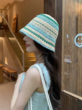 Dodobye Handmade Crochet Striped Bucket Hat For Women Hollow Knitted Cotton Panama Lovely Rainbow Fisherman Hats Summer Holiday Sun Caps