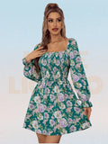 Dodobye Women Dress Elegant Square Collar Floral A-line Long Sleeve Dress Summer 2024 Printing Short Dress Petal Sleeve Boho Dress