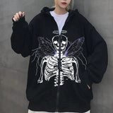 Dodobye Y2K Aesthetic Zip Up Sweatshirts E-girl Gothic Grunge Emo Skeletons Wings Print Oversized Hoodies Autumn Long Sleeve Coat Top