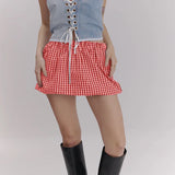 Dodobye Women Plaid Shorts y2k Clothes Mini Skirts Kawaii Gingham Bubble Skirts Casual Elastic Waist A-Line Balloon Skirts Streetwear