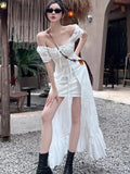 Dodobye Y2K Long Dresses for Women Puff Sleeve Lace-up A-line Off Shoulder Club Party Dress Summer New Korean Chic One Piece Vestido