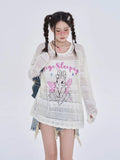 Black Friday Dodobye Anime Women Sweater Oversize Spider Web Mesh Long Sleeve Top Y2k Kawaii Rabbit Embroidery Korean Style Cutecore Clothes