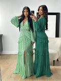 Dodobye Elegant Hollow Lace Spliced Chiffon Ruffle Long Dress Women Sexy Deep V-neck Lantern Sleeves Maxi Dresses 2024 Lady Party Robes