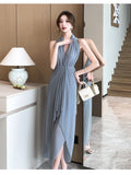 Dodobye 2024 New French Summer Vintage Slim Sleeveless V Neck Strapless Long Dresses Sexy Fashion Backless Irregular Women's Prom Dress