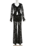 Black Friday Dodobye Women's Lace Long Pant Sets Sexy See Through Slim Cardigan Top High Waist Trousers Female Fashion Matching Sets Autumn