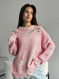 Dodobye Versatile Pink Hollow Out Women's Knitted Pullover Casual O-neck Long Sleeve Sweater Lady Early Autumn Chic Commute Streetwear