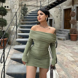 Dodobye Off The Shoulder Solid Slim Ruched Mini Women'S Dresses Elegant Evening Party Y2K Streetwear Casual Korean Clothes