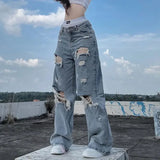 Dodobye Streetwear Straight Pants Ladies Ripped Jeans Mid Waist Loose Wide Leg Pants Ladies Jeans Y2K Summer High Street  Cargo Pants