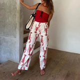 Dodobye Summer Outfits Women Vintage 2 Piece Set Lobster Print Front Tie-up Puff Sleeve T-shirt + Wide Leg Long Pants Lounge Streetwear