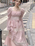 Dodobye Summer Chiffon Midi Dress Women Lace Y2K Lolita Fairycore Puff Sleeve High Waist French Vintage Evening Party Dresses Prom Robe