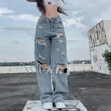 Dodobye Streetwear Straight Pants Ladies Ripped Jeans Mid Waist Loose Wide Leg Pants Ladies Jeans Y2K Summer High Street  Cargo Pants