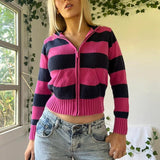 Dodobye 90s Vintage Y2K Aesthetic Striped Cropped Sweater Autumn Zip Up Knitted Cardigans Hooded Women Long Sleeve Slim Fit Coats