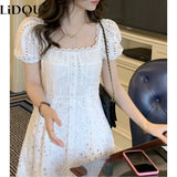 Dodobye Summer White Midi Dress Hollow Out For Women Elegant Square Collar Puff Sleeve French Kawaii Vestidos Korean Chic Dresses Mujer