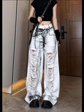 Dodobye Vintage Do Old Jeans Women Y2k Fashion Baggy Hole Tie Dye Straight Wide Leg Denim Pants Hip Hop Causal Ripped Trousers