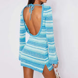 Dodobye Sexy Backless Tie-up Long Sleeve Dress Chic Women Elegant Lady Knitted Striped Mini Dress Summer Beach Holiday Club Party