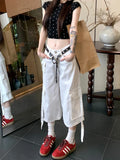 Dodobye Y2k White Calf-Length Cargo Pants Women Baggy High Wasit Denim Shorts Safari Style Summer Korean Wide Leg Jeans Female