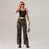 Dodobye Women Vintage Leopard Print Wide Leg Baggy Jeans Casual Loose Denim Pants Trousers with Pockets All-match Lady Streetwear