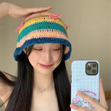 Dodobye Korean Version Sweet Hand-woven Bow Bucket Hats for Women Spring and Summer Hollow Breathable Travel Versatile Knitted Caps