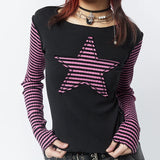 Dodobye Gothic Mall Goth Tees y2k Star Patched Striped Long Sleeve T-shirt Harajuku Grunge O Neck Slim Fit Crop Tops Streetwear