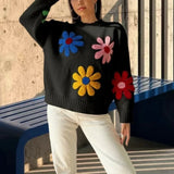 Black Friday Dodobye Crochet Flower Pullover Knitted Sweater Women's Fashion Loose Lantern Long Sleeve Embroidery Knit Top Streetwear Fashion