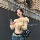 Dodobye Fur Collar Off Shoulder Halter Tops Mujer Y2k Slim Fit Long Sleeve Cardigan 2024 Autumn Winter New Bottoming Sweaters