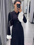 Black Friday Dodobye Flare Sleeve Splice Knitted Long Dress For Women Casual High Waist Button Lapel Sweater Dress Elegant Autumn Party Dress