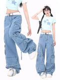 Dodobye Pink multi-pocket overalls jeans female Y2K punk hip hop Gothic loose fashion jeans 2024 autumn new American retro high street