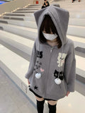 Black Friday Dodobye Cat Print Grey Knitted Cardigan Ears Hooded Sweater Women Oversized Long Sleeve Soft Girl Cutecore Zip Up Winter Clothes