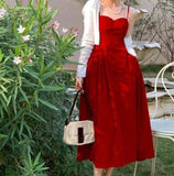 Dodobye  Summer French Vintage Strap Dress Women Red Elegent Korean Party Midi Dress Female Sexy Backless Evening Beach Fairy Dress