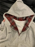 Black Friday Dodobye Vintage Plaid Patchwork Hoodies Women Gray 90s Retro Sweatshirt with Zipper Oversized Streetwear Autumn Winter Clothes