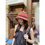 Dodobye Handmade Crochet Striped Bucket Hat For Women Hollow Knitted Cotton Panama Lovely Rainbow Fisherman Hats Summer Holiday Sun Caps