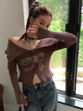 Black Friday Dodobye Bow Print Off-shoulder Knitwear Gradient Cardigan Sweater Zipper Maillard Style Fairy Grunge Long Sleeve Top Y2k Clothes