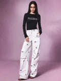 Dodobye White High Waist Pants Women Y2k Causal Loose Bows Pattern Korean Style Wide Leg Trousers Hip Hop Fashion Street Bottoms