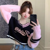 Dodobye Korean Sweet V-neck Off Shoulder Pullovers 2024 Autumn New Embroidery Lazy Tops Women Y2k E-Girl Long Sleeve Sweaters Mujer